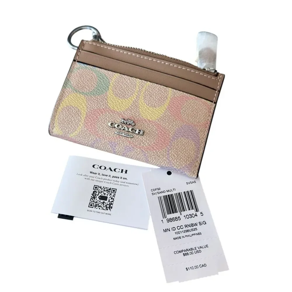 Coach Mini Skinny Id Window Case with key ring In Rainbow Signature Canvas